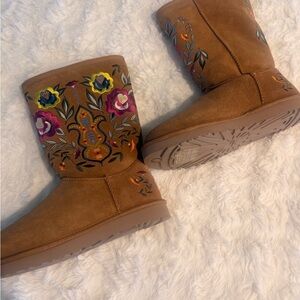 UGG Embroidered Chestnut Suede Winter Boots with Floral Accents
